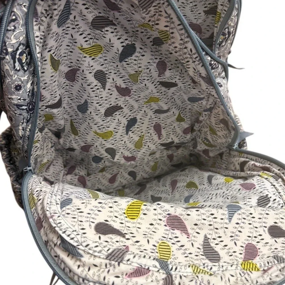 Vera Bradley XL Campus Backpack Gray Blue Quilted Floral Medallion + wristlet